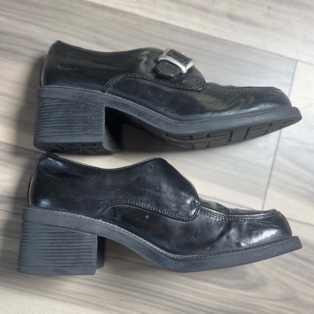 Vintage Current Attractions Black Chunky Buckle Loafers Square Toe 90s Size 10 - Picture 4 of 7